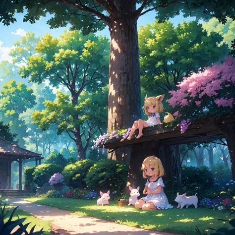 High-definition background, bright and beautiful atmosphere, 3 girls (2 years old, (1 short-tempered round face), (1 child)) (hair, surface effect), color effect), small breasts, blonde hair, wearing a white dress A girl sitting on the lawn, under a large ...