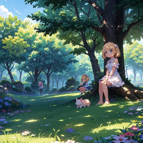 High-definition background, bright and beautiful atmosphere, 3 girls (2 years old, (1 short-tempered round face), (1 child)) (hair, surface effect), color effect), small breasts, blonde hair, wearing a white dress A girl sitting on the lawn, under a large ...