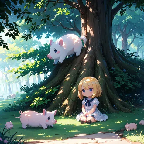 High-definition background, bright and beautiful atmosphere, 3 girls (2 years old, (1 short-tempered round face), (1 child)) (hair, surface effect), color effect), small breasts, blonde hair, wearing a white dress A girl sitting on the lawn, under a large ...