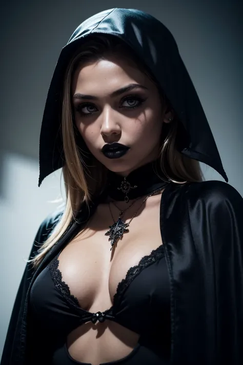 masterpiece, perfect lighting, bloom, cinematic lighting, perfect skin, tween girl, looking at viewer, medium shot, ((gothic)), toned body, mesmerizing, dramatic smokey makeup, velvet cloak, silver ornaments, mysterious world atmosphere