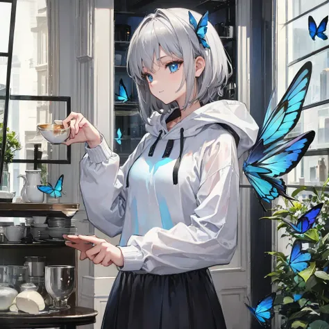 (((1 person　gray hair　cafe　window　blue eyes)))　((high resolution　short hair　hoodie　black skirt　rin々funny face))　((close-up　side ...