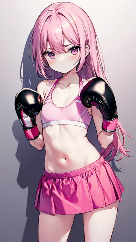 Cute thin and skinny girl with skirt pink boxing gloves belly punch in the corner of the ring,white background,