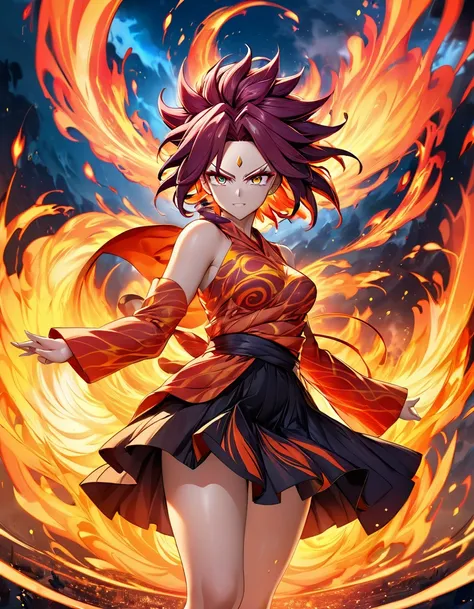 Decalcomania fire, 1woman Broly + Madara  fully body, sexy decote vestido prata dynamic pose, hyperdetail eyes and face, vibrant reds and oranges, swirling flames, dynamic and intense patterns, heat and energy, surreal and powerful elemental scene by Sator...