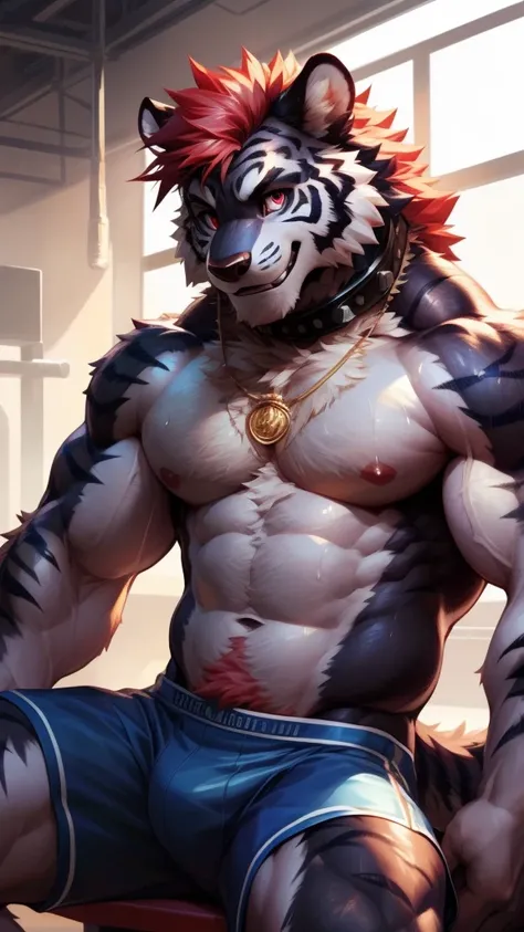 solo, anthro, hairy, hairy male, tiger, ((fluffy, fluffy fur, hairy body)), (black fur with light dark gray stripes), (black body), white mohawk, red color eyes, (color eyes bright red) short messy hair, tail, red hair, deep red colored eyes, detailed fluf...