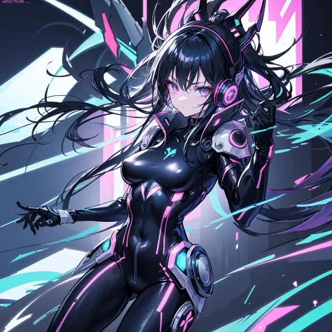 
anime character,
futuristic,
cyber punk,
holding a microphone in the right hand
Walking while singing
Headphones with futuristic neon lights,
black bodysuit,
long black hair,
cybernet elements,
Woman warrior, 
Highest quality,
Body suit luster,
beautiful ...