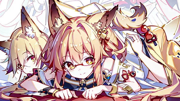 ((Best quality)), ((masterpiece)), (detailed), best quality，8K，original photo，Red Fox Maiden，touch fox，Castle Background， Liveliness. Carefree happy joy bokeh background. Quiet aesthetics. Soft lighting. Artistic Lighting. Gold frame glasses