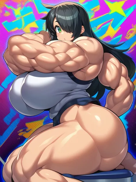 1girl, onono imoko, black hair, green eyes, hair over one eye, messy hair, solo, sitting, masterpiece, chromatic aberration, multicolored background,anime character with huge breasts and big muscles posing for a picture, oppai, oppai proportions, thicc, po...