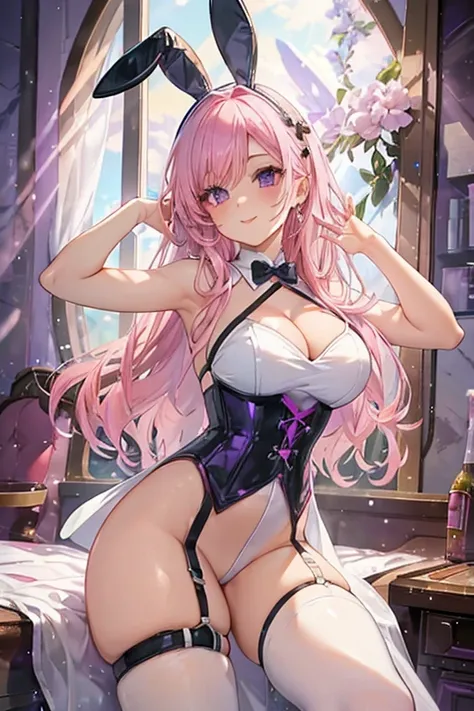 A pink haired woman with violet eyes with an hourglass in a white leather corset and white leather bunny ears is posing ina casino with a big smile