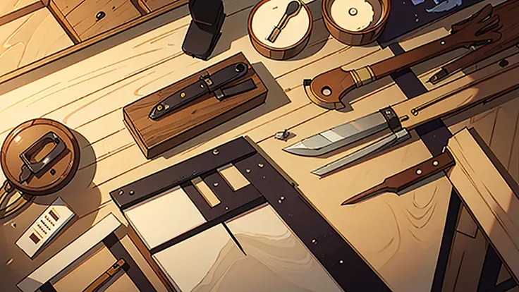 Several woodworking tools are scattered in the wooden box，Like a shining saw、A used gavel and a faded leather glove。