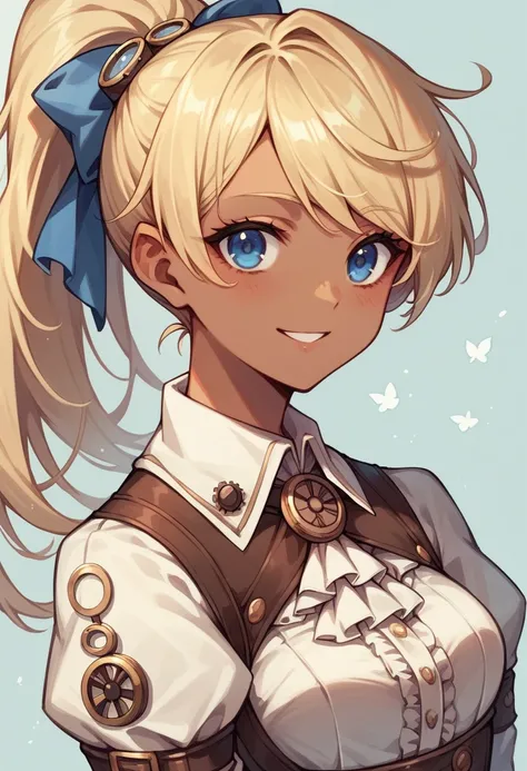 Anime Style, Sexy smile, dark skin:0.6, Deep blue eyes, Blonde, ponytail, Light blue hair accessory, Brown and white steampunk outfit