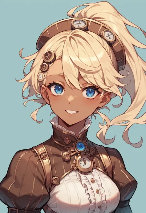 Anime Style, Sexy smile, dark skin:0.6, Deep blue eyes, Blonde, ponytail, Light blue hair accessory, Brown and white steampunk outfit