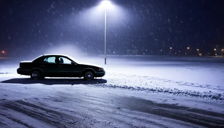 lonely car in parking lot, blizzard, fallen snow, dark night, eerie environment