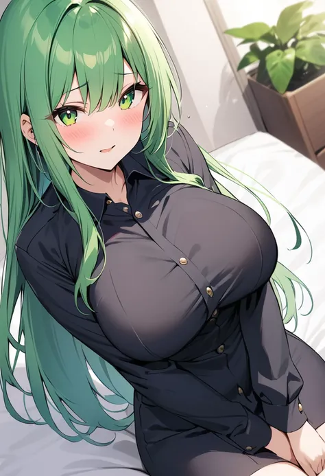 masterpiece、Highest quality、Best image quality、High resolution、Big Breasts、Green Hair、Green Eyes、Long Hair、Black Uniform、Unbranded uniform