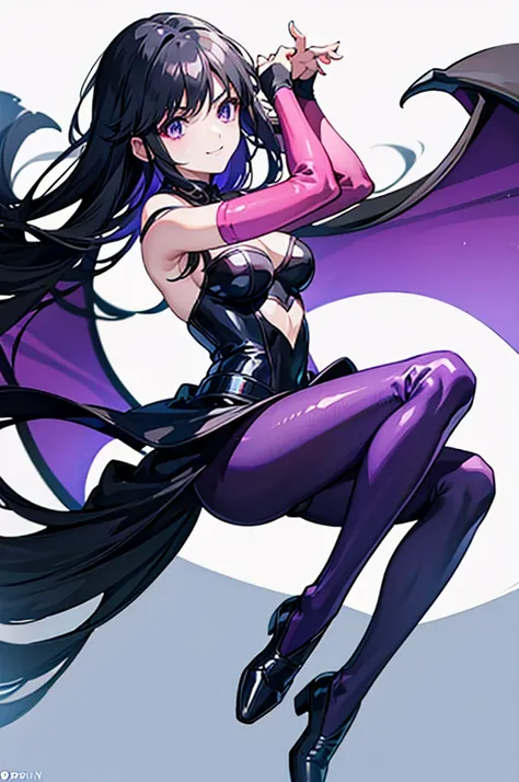 Highest quality　Highest quality　Draw a face carefully　High-definition anime-style face　Super Glowing Skin　Long black hair　Black leotard　Purple pantyhose　Succubus　lure　smile　sit