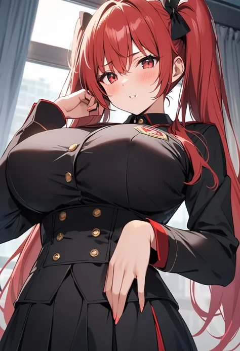 masterpiece、Highest quality、Best image quality、High resolution、Big Breasts、Red hair、Red Eyes、Twin tails、Black Uniform、Unbranded uniform