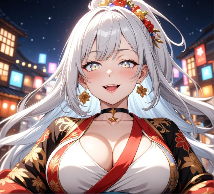 ((One personの女性)), Beautiful Face,Laughing embarrassedly,((Wink:1.9)),Laugh with your mouth wide open((Bright red cheeks:1.4)),Shiny red lips,night,rooftop,Festive decorations,You can see the ocean, firework,Laughing with your mouth open,Glossy pink lips,F...