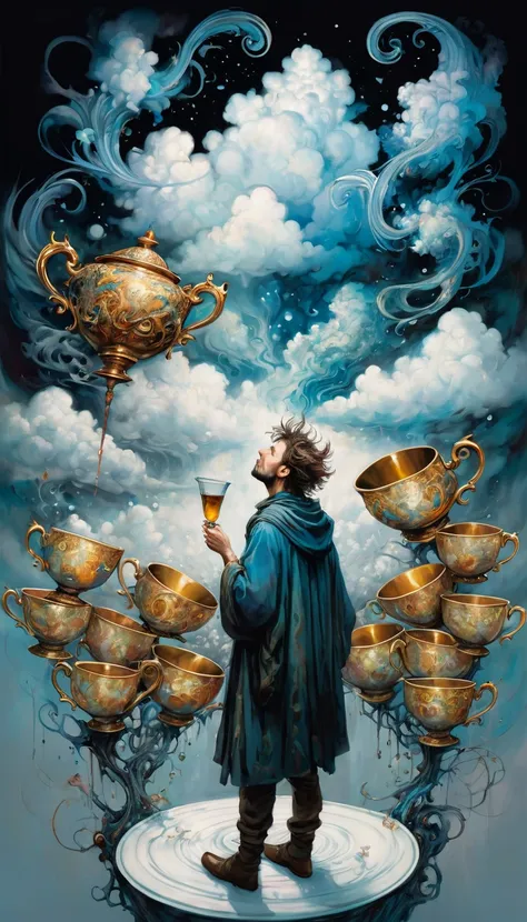 a man looks in amazement at a cloud on top of which there are seven luxurious cups (art inspired by Brian Froud and Carne Griffiths and Wadim Kashin, intricate details, oil painting)
