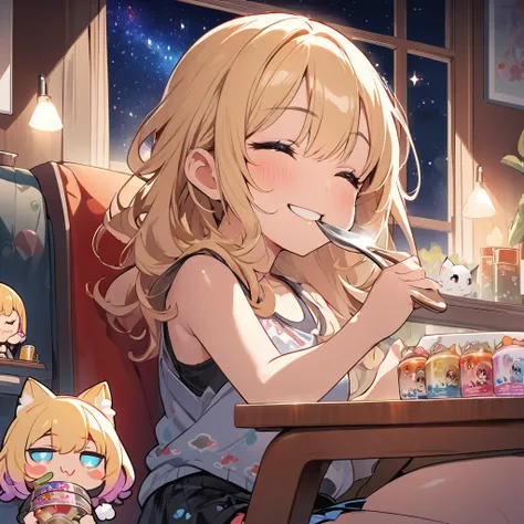 masterpiece、Highest quality、Depth of subject、２D illustration、1 beautiful girl、独奏, (((chibi style)))、((night)), ((window)), ((starry sky)), Long, beautiful hair、shiny blonde hair、cute、Beautifully detailed eyes、((Tank top))、a cute sleeping kitten on chair, (...