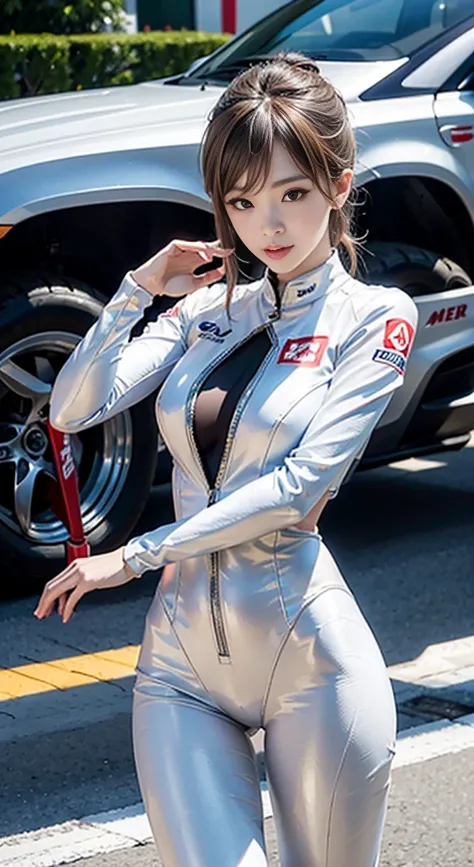 {8K photo quality:1.2}、{ultra-high resolution photo quality:1.2}、{Ultra-realistic1.2}、{perfect limb}、{japaneasterpiece、nsfw、1femele、solo、Wearing a silver race-queen costume with many sponsors logo、her suits with a lot of sponsors logo、{Being in the pits of...