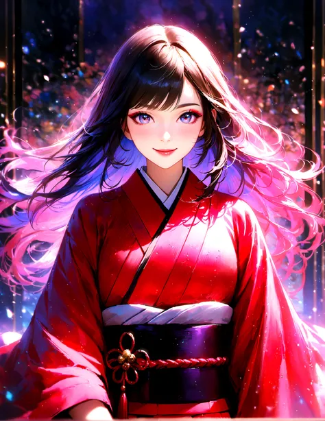 Kyoto, kimono,Maiko makeup,Blur the background,young woman,smile,Glitter effect,Highest quality,8K, High resolution, masterpiece:1.2, Very detailed, Realistic:1.37, High resolution, 超High resolution, Ultra-fine painting, Very detailedな, Vibrant colors