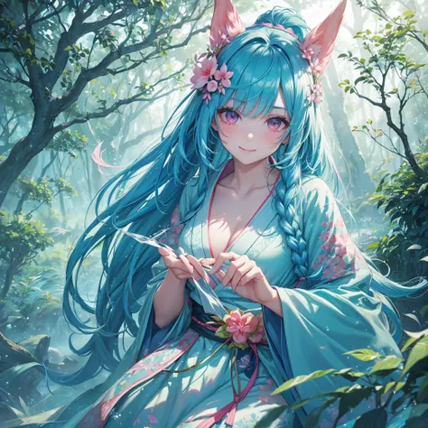 sky Blue hair, (braided ponytail),(pink eyes),fair skin ,(full body),1 girl,happy smile,white red kimono,Fresh green forest,Forest Goddess,Straight Bangs,(masterpiece, best quality, ultra-detailed, best shadow), (detailed background), (beautiful detailed f...