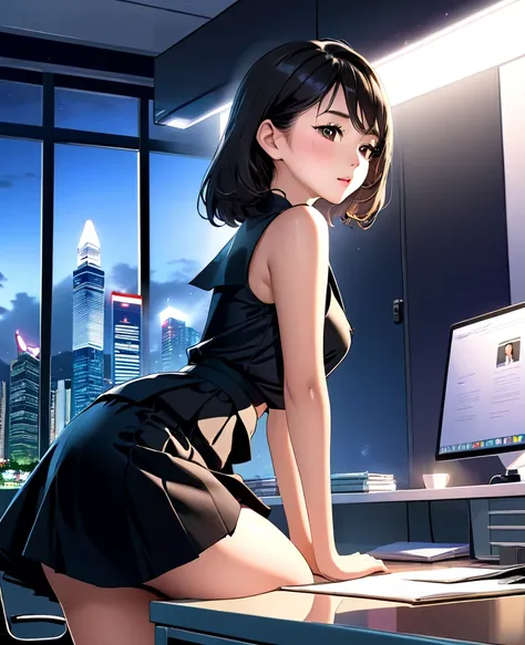 A jaded 25-year-old Singaporean office worker in a black skirt having steamy sex on the desk, nighttime, tanned, ultra high definition, photorealistic, 4K, dim fluorescent lighting, perspiration, sex in pussy with hard cock