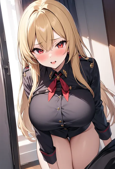 masterpiece、Highest quality、Best image quality、High resolution、Big Breasts、Blonde、Red Eyes、Black Uniform、Unbranded uniform