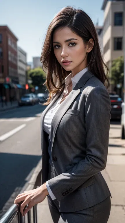 (8k, RAW Photos, 最high quality, masterpiece: 1.2), (Realistic, photoRealistic: 1.37), 1 Woman in a suit standing on the sidewalk, Cityscape, Day, Sunny Morning, Professional Lighting, Photon Mapping, Radio City, Brazilian Women, Torn, shirt, Woman in a sui...