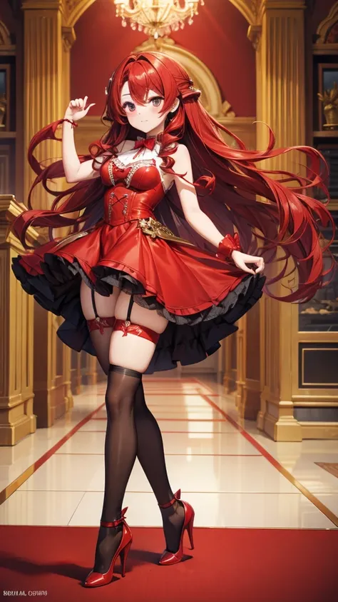 Girl with long red hair spiral curls，Hairpin，Little red dress，Bare Legs，stockings，high heels，Big castle