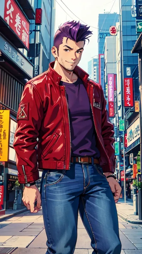 Bad boy, low angle, purple pompadour, red jacket and jeans, looking at camera, smiling, Tokyo city