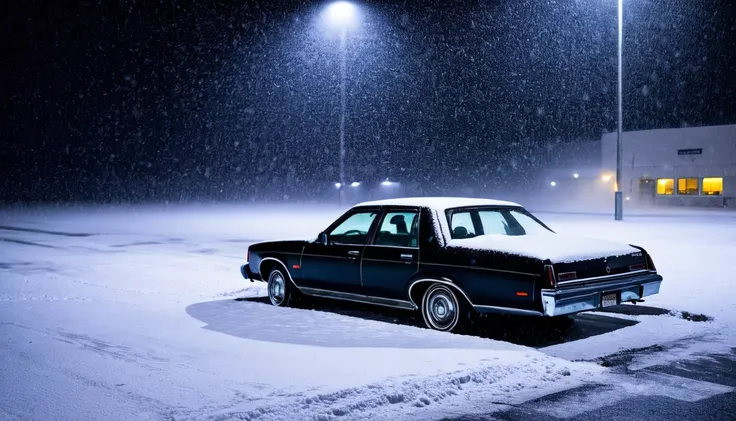 lonely car in parking lot, blizzard, fallen snow, dark night, eerie environment