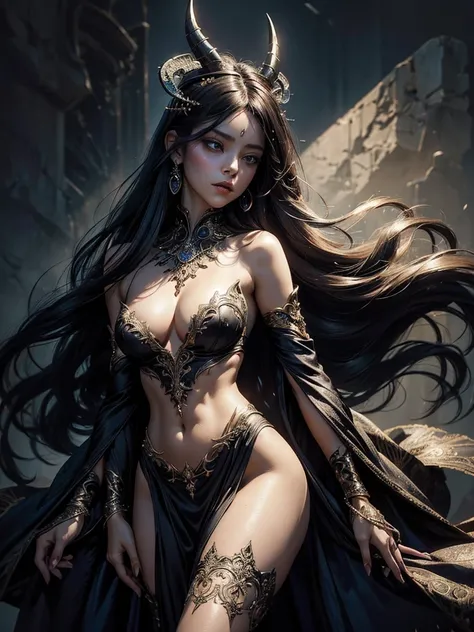 Beautiful painting of a seductive Succubus with a slender figure, large breasts that cascade down the chest, formless, long flowing hair adorned with small horns, and perfect features that exude an ethereal allure. She is wearing an extremely baroque dress...