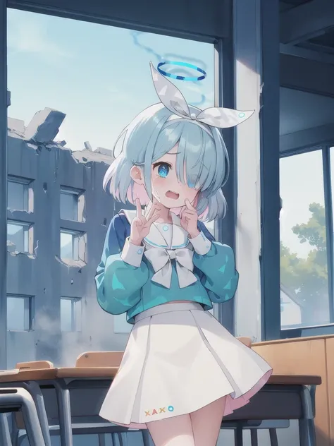 masterpiece,Highest quality,indoor,Ruined classroom,noon,blue sky,1 Girl,Halo,Cry with your eyes open,Open your mouth,Blue school shirt,Long sleeves,White Skirt,Focus on face,