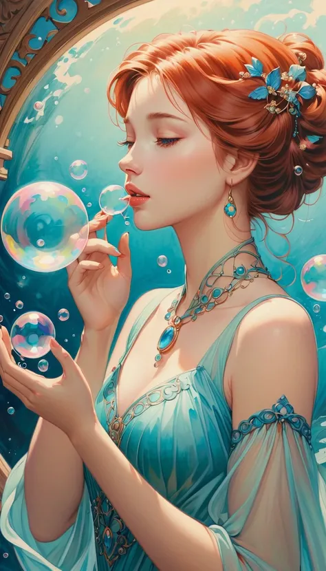 A painting of a woman in a dress blowing bubbles, Roysh and Wow, Mysterious Bubbles, Moebius + Roysh + Wow, Dreamy details, intricate Wow, A close-up fantasy using the magic of water, fairy tale artwork, Fairy tale painting, Anna Dittmann style, Wow art, R...