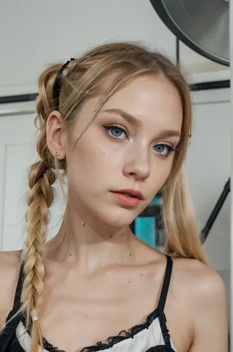 Beautiful skinny girl, elongated face and thin chin, freckles, blonde, pigtails with fringe, blue eyes, bold dark red lipstick and Extra eyeliner and extra eyeshadow, white pale skin, black skirt, top, in the studio, small nose, big natural breasts, fringe...