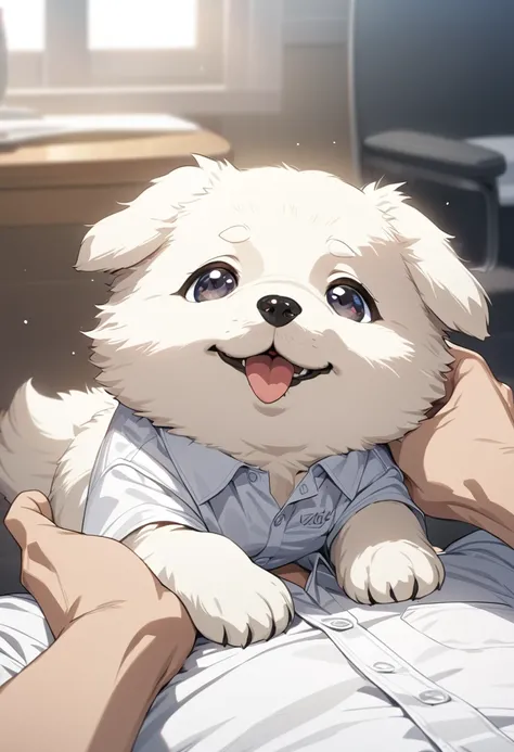 masterpiece, best quality, extremely detailed, anime,fluffy puppy , happy, (( dog has his nose close to his white business shirt.,no human))