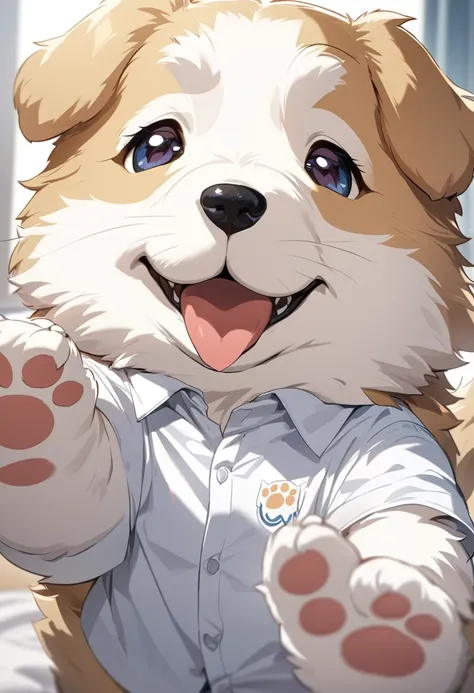 masterpiece, best quality, extremely detailed, anime,fluffy puppy , happy, (( dog has his nose close to his white business shirt.,no human))