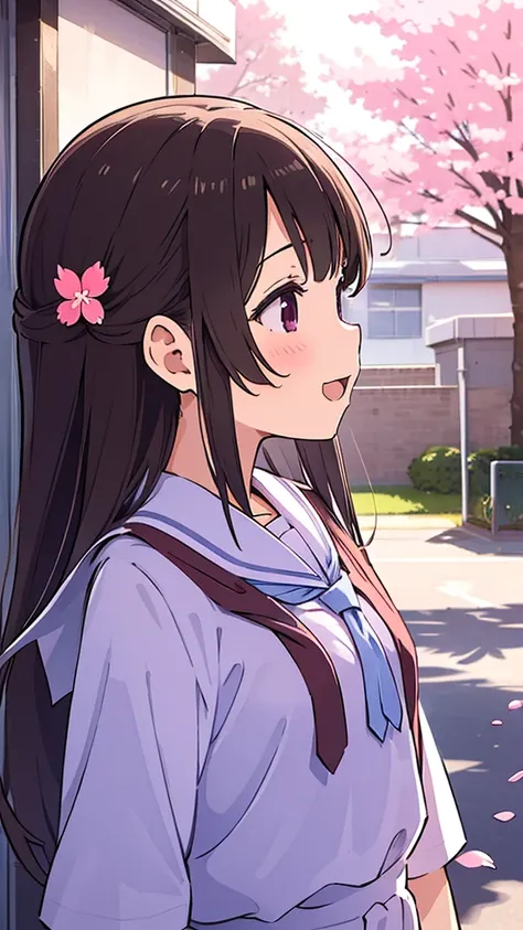 High school girls are excited about the start of a new school term　High school girl, upper body, side profile　The background is a school building with cherry blossom petals falling in the air.