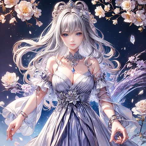 (Highest quality, 8K, CG), Beautiful and exquisite upper body, Delicate face,purplish-silver hair,Wavy Hair, Fluffy long hair,Gradient Hair, Waist-length hair,Wearing a circlet, Purple eyes, Almond Eye, Exquisite eye makeup, 長さ eyelashes fluttering, Starry...