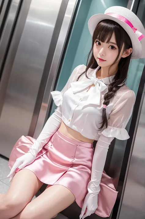 Highest quality、Elevator Girl、Shiny pink silk jacket、White sheer blouse with ribbon、Short tight skirt、Micro Mini Skirt、Cute round hat with ribbon、Skinny、White gloves、Sitting on the floor、Embarrassed look、Face straight