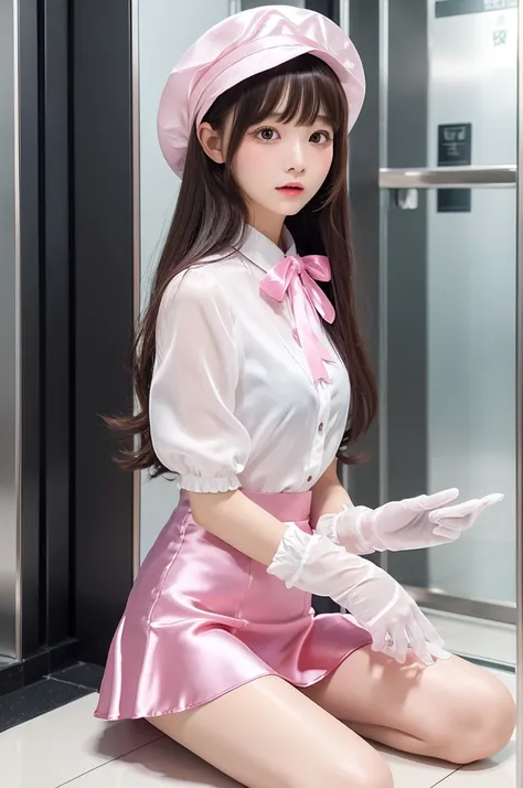 Highest quality、Elevator Girl、Shiny pink silk jacket、White sheer blouse with ribbon、Short tight skirt、Micro Mini Skirt、Cute round hat with ribbon、Skinny、White gloves、Sitting on the floor、Embarrassed look、Face straight