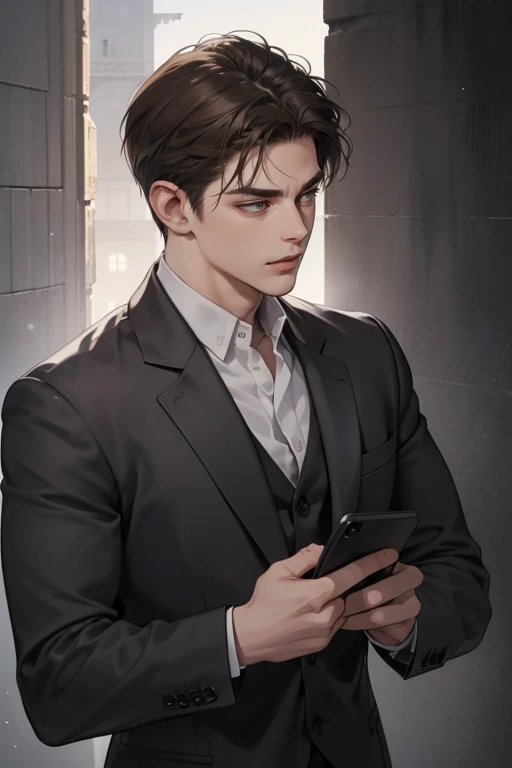 masterpiece, best quality, realistic, 1man, mature male, quiet and charming young man, 25 years old, close his eyes, serious look, extremely detailed face, ((dark grey eyes)), ((short-right-swept dark brown hair)), [thick eyebrows], detective, at the crime...