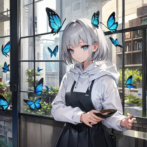 (((1 person　Gray Hair　Cafe　Window　blue eyes)))　((High resolution　short hair　hoodie　Black Skirt　Rin々Funny face))　((Close-up　Side view))　((Blue Butterfly　Asahi　Shining Aura　look out　Holding a cup　Drink coffee))　(smile　Bathed in light)　Shining Background　Shin...