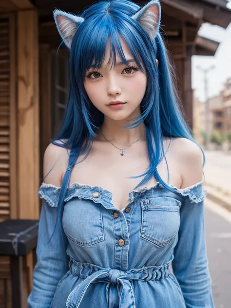 Masterpiece, best quality, ai-generated, cat girl
, Blue hair,cowboy shot,