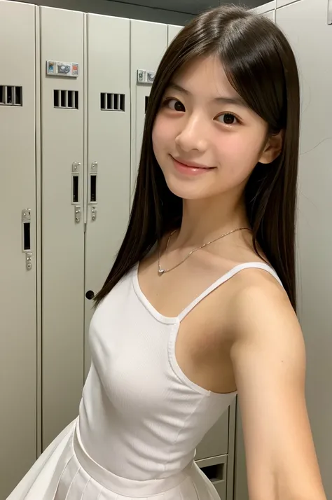 A realistic selfie of a very cute Japanese high school girl in a white tank top in a locker room,Highest quality, Ultra-high resolution