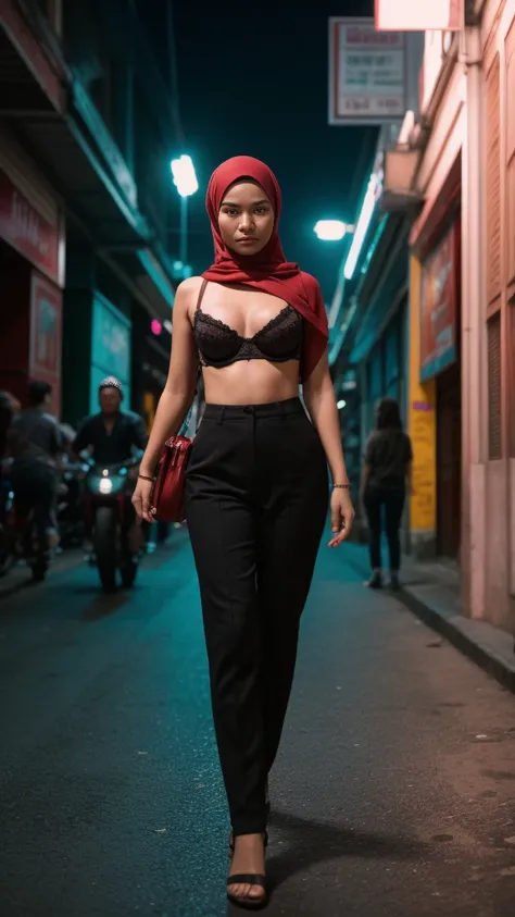 a malay teenage girl in hijab and dark red lace bra and high waist pants catwalk in front of crowded bustling kuala lumpur malaysia city streets, serious face, nighttime, 35mm lens, establishing shot, pastel color grading, depth of field cinematography eff...