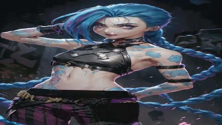 Blue hair girl, Jinx, Arcane, Red lips, Arcane. Jinx, Double braid、Blue Girl, Jinx, Arcane, Jinx de Arcane, Jinx usa uma blusa marrom com um x no meio sa blusa, Arcane, Jinx wears leather pants, estilos Arcane, Jinx, Pink Eyes