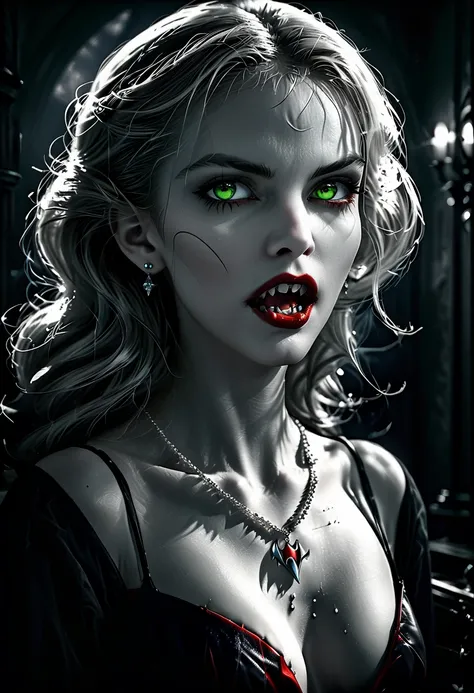 ((a photorealistic portrait of an exquisite, glamour female vampire: 1.5)) , pale face, blond hair, long vibrant shiny hair, glamorous hair, emerald green eyes, deep penetrating eyes, red lips, lustful lips, ((two vampiric fangs: 1.5), drops of blood dripp...