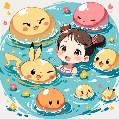 cute scene featuring pikachu practicing swimming, pikachu should be in a shallow pool or a calm body of water, looking determine...