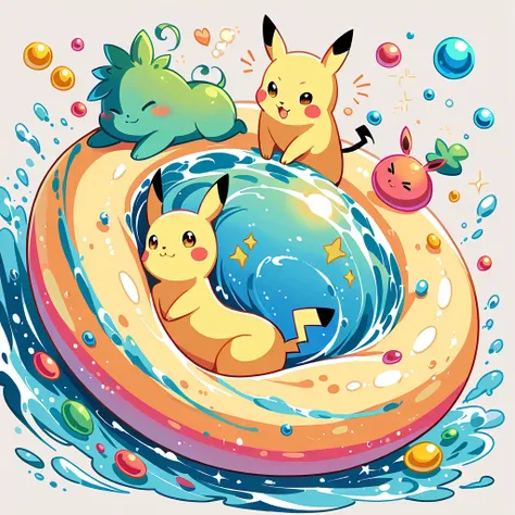 cute scene featuring pikachu practicing swimming, pikachu should be in a shallow pool or a calm body of water, looking determine...